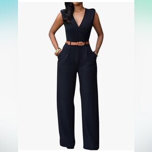 Elegant V Neck Sleeveless Button Wide Leg Long Pants Belted Jumpsuits